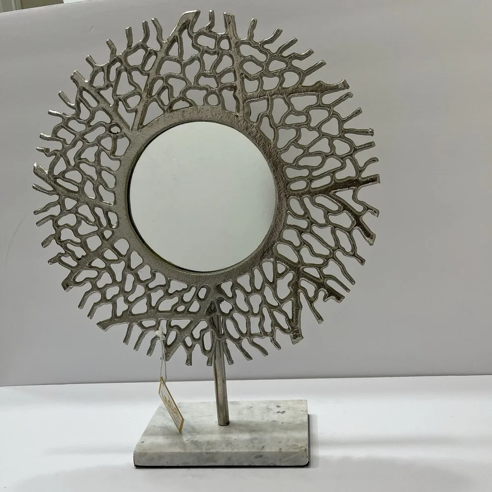 Silver Coral Tabletop Mirror Metal White Marble Base 17x14